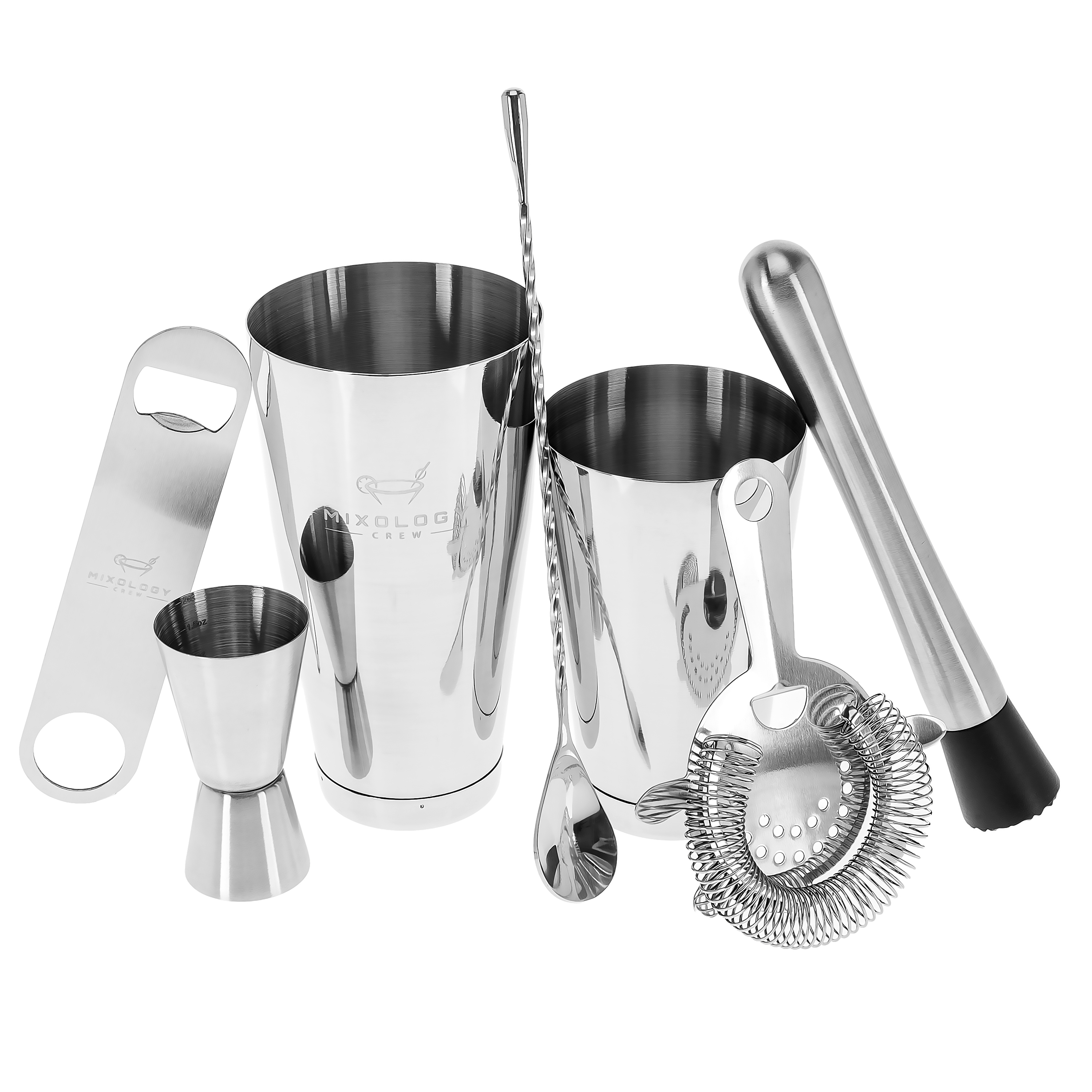mixology tools including bottle opener and strainer